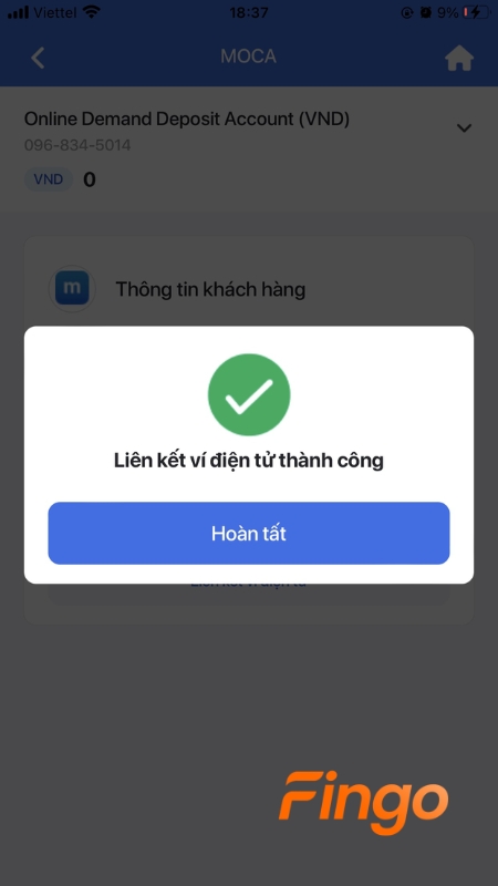Màn hình hiển thị thông báo Liên kết ví điện tử thành công