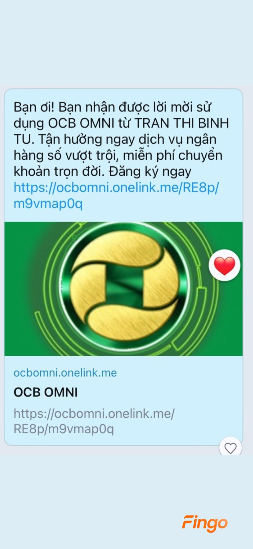 Hệ thống sẽ hiển thị các tùy chọn để bạn chia sẻ mã giới thiệu OCB OMNI đến người thân và bạn bè