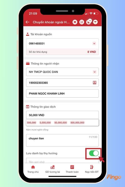 Nhấn vào tùy chọn "Lưu thụ hưởng" để thêm vào danh sách người thụ hưởng
