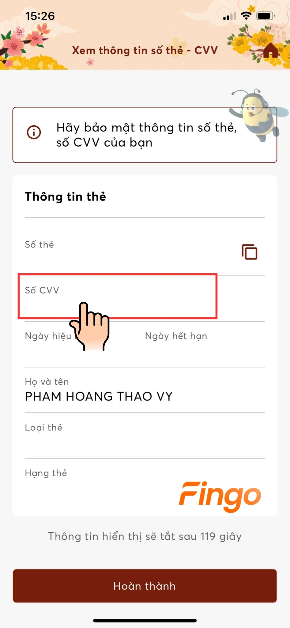 Thông tin thẻ bao gồm mã CVV sẽ hiển thị tại đây