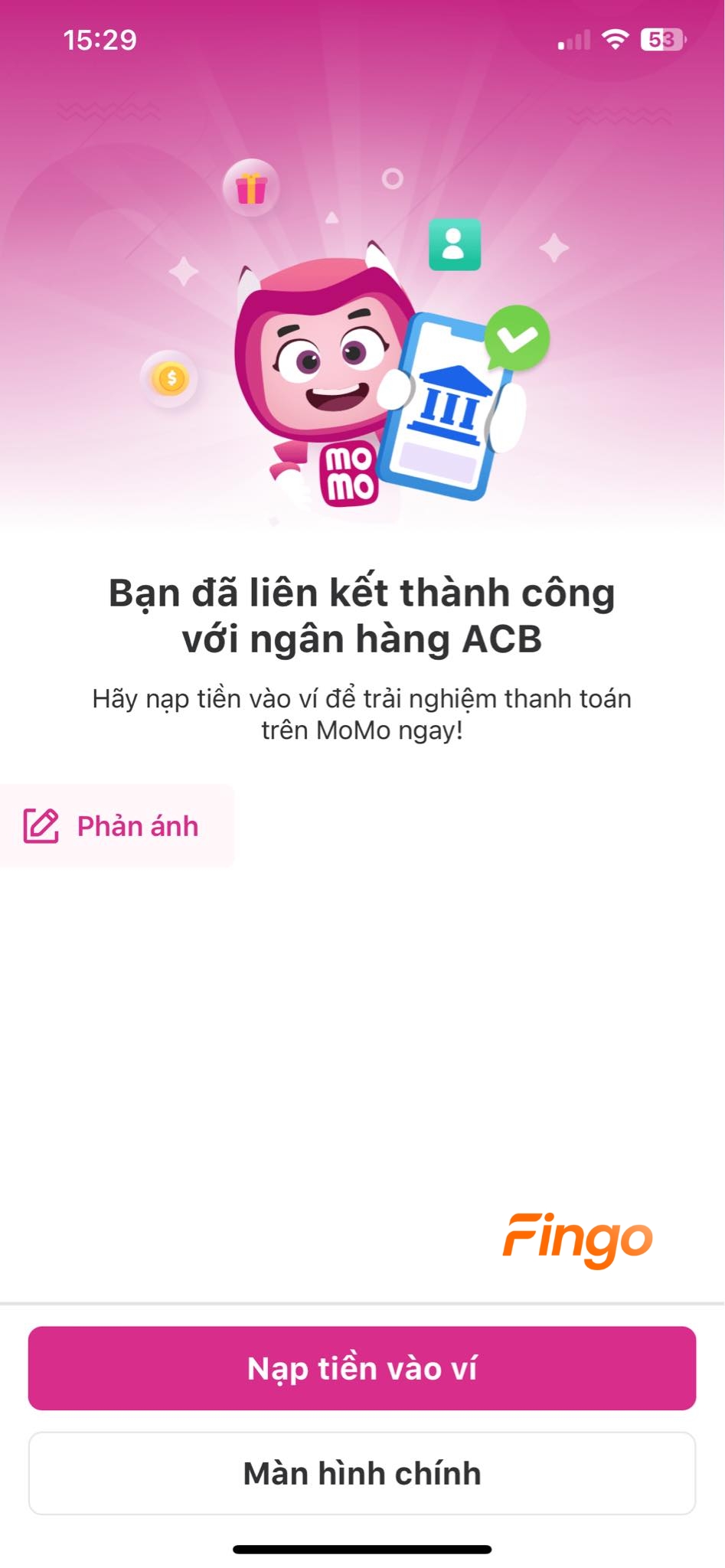 Hệ thống hiển thị liên kết thành công với ngân hàng ACB