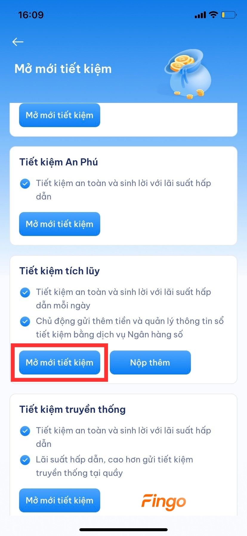 Chọn "Mở mới tiết kiệm" trong mục "Tiết kiệm tích lũy"