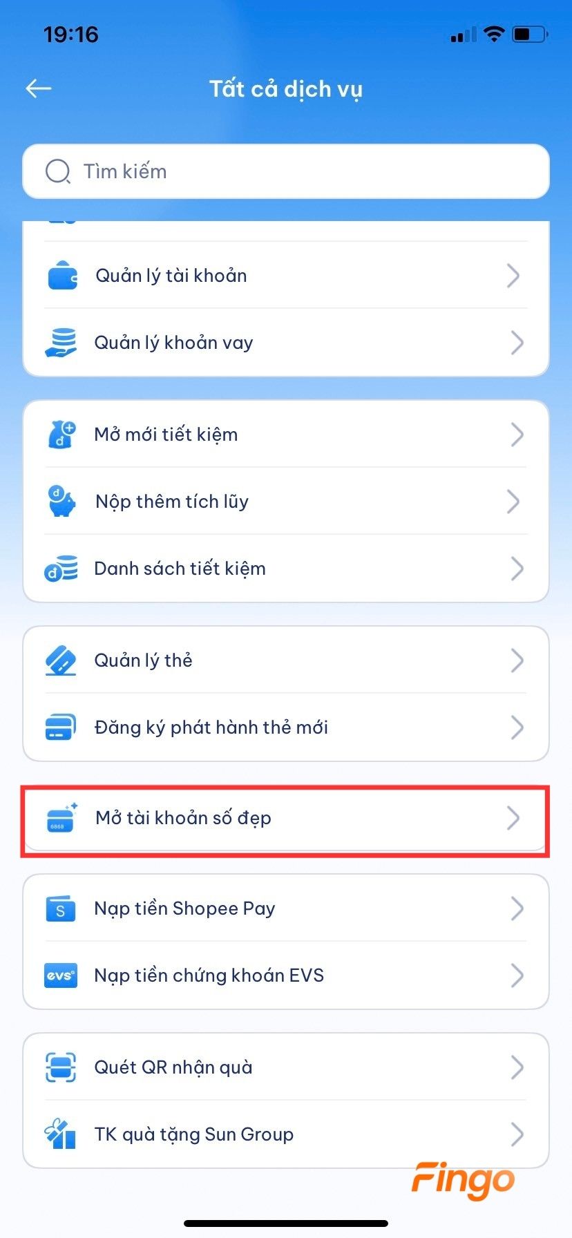 Trong danh mục dịch vụ, chọn "Mở tài khoản số đẹp"