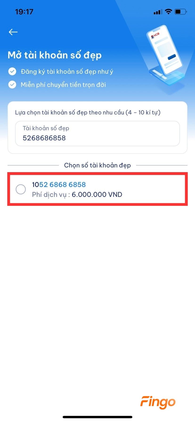 Chọn ô tròn tương ứng như hình và ấn "Chọn số tài khoản".