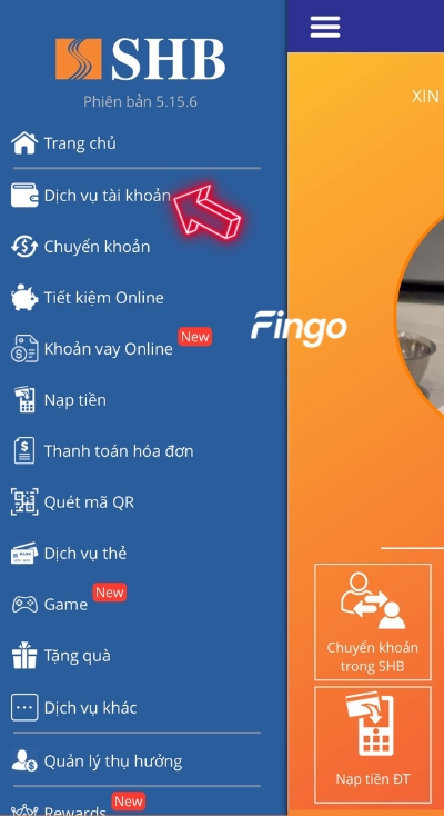 Nhấn chọn mục dịch vụ tài khoản