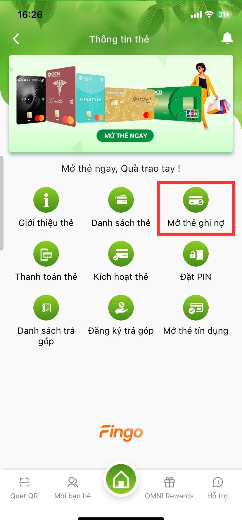 Tìm và chọn tùy chọn "Mở thẻ ghi nợ" trên OCB OMNI.