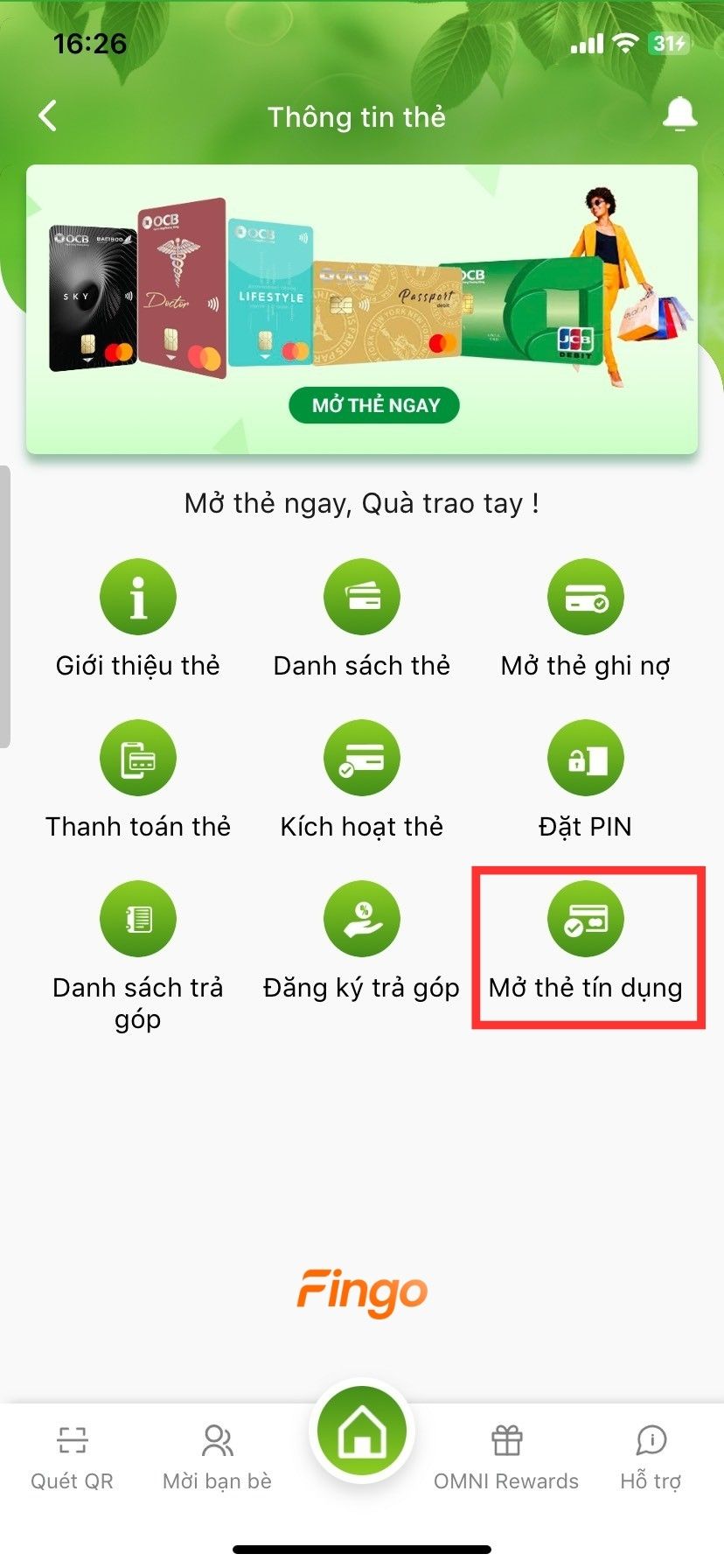 Chọn "Mở thẻ tín dụng" để bắt đầu quá trình đăng ký.
