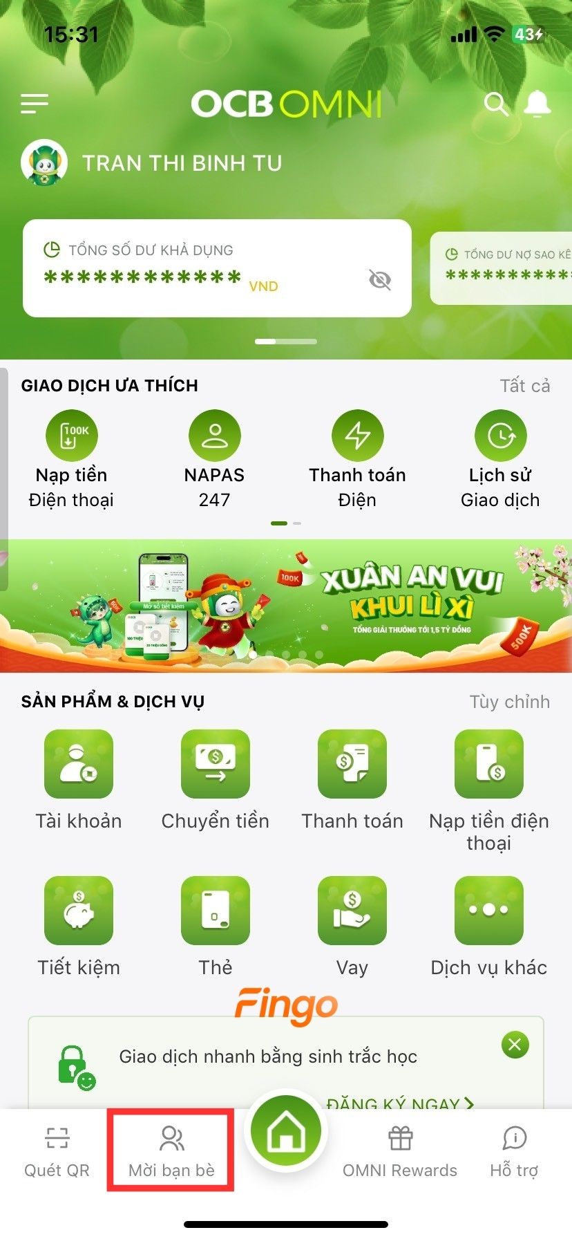 Truy cập ứng dụng OCB OMNI và bấm vào mục "Mời bạn bè"