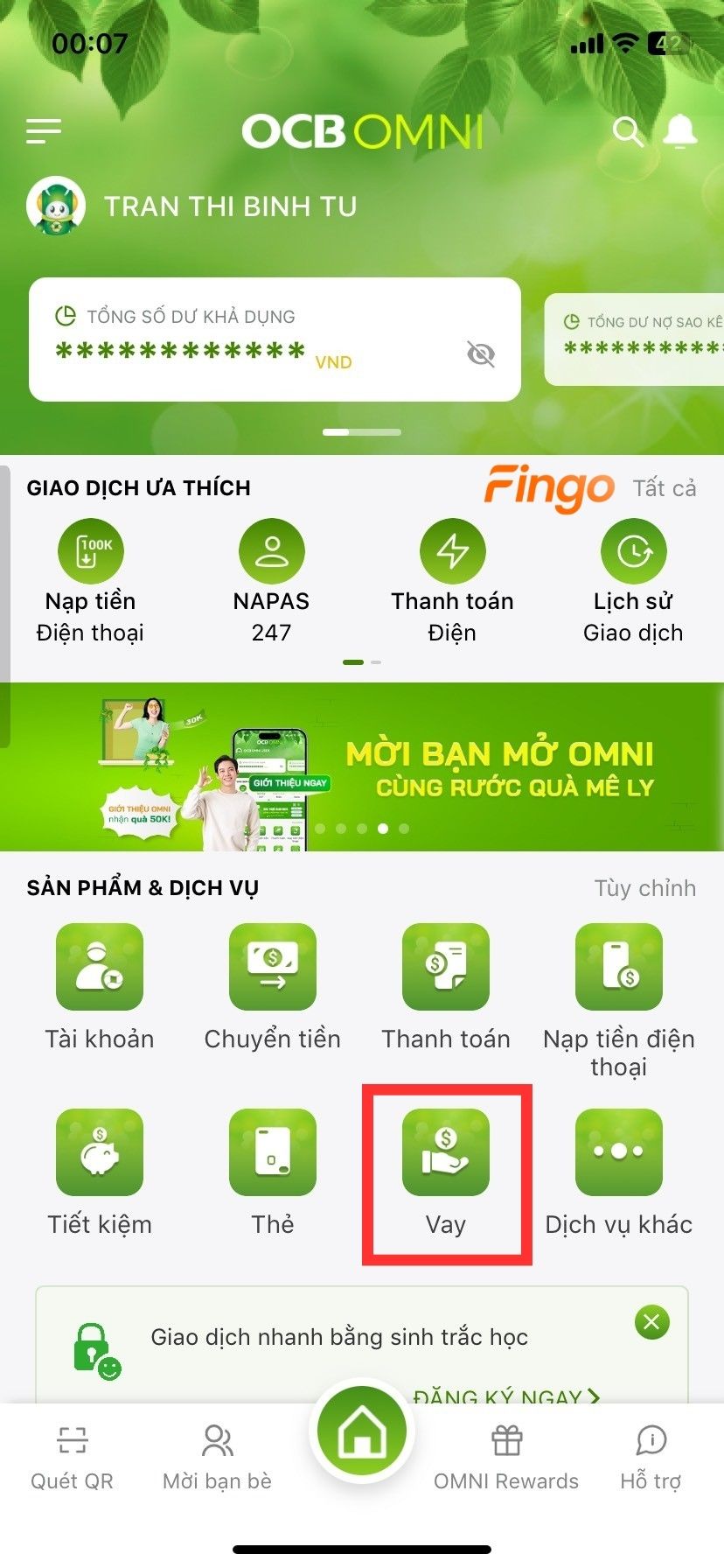 Chọn mục "Vay" trong danh sách được hiển thị
