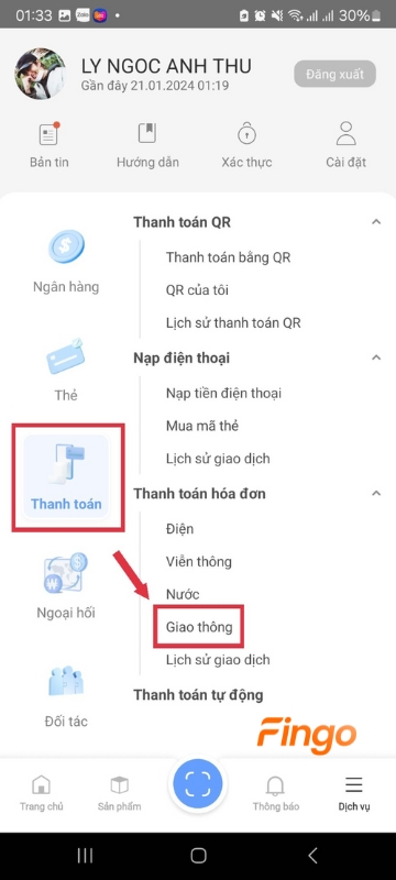 Ở mục "Thanh toán", tại "Thanh toán hóa đơn" chọn "Giao thông"