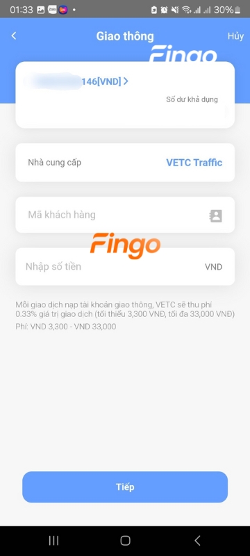 Chọn "Tiếp" để hoàn tất nạp tiền VETC qua Woori WON.