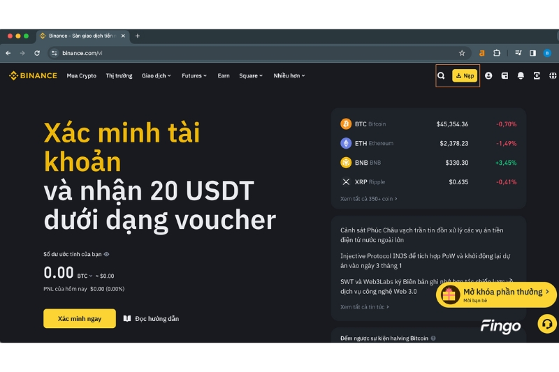 Cách nạp tiền vào Binance bằng Vietcombank bước 1