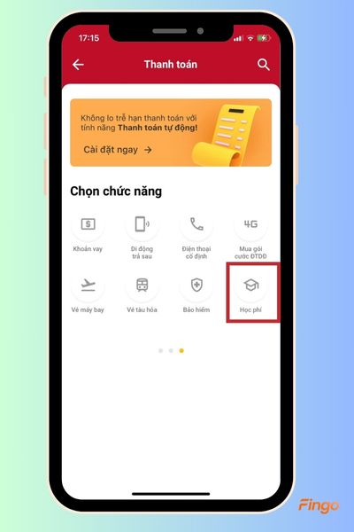 Trong mục "Thanh toán" chọn "Học phí" để thanh toán