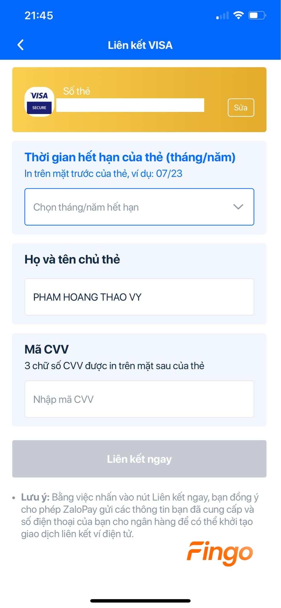 Bổ sung các thông tin về thẻ mà hệ thống yêu cầu