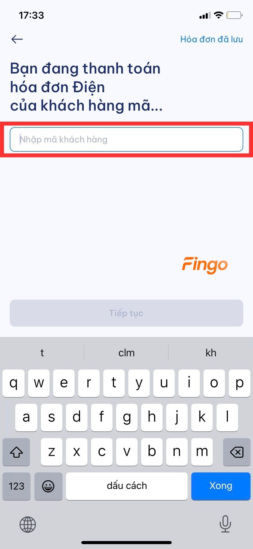 Nhập mã khách hàng của bạn vào ô như hình.