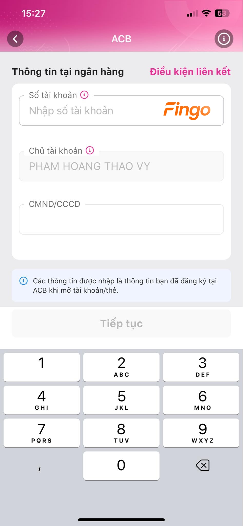Nhập số tài khoản mà bạn muốn liên kết với ví MoMo