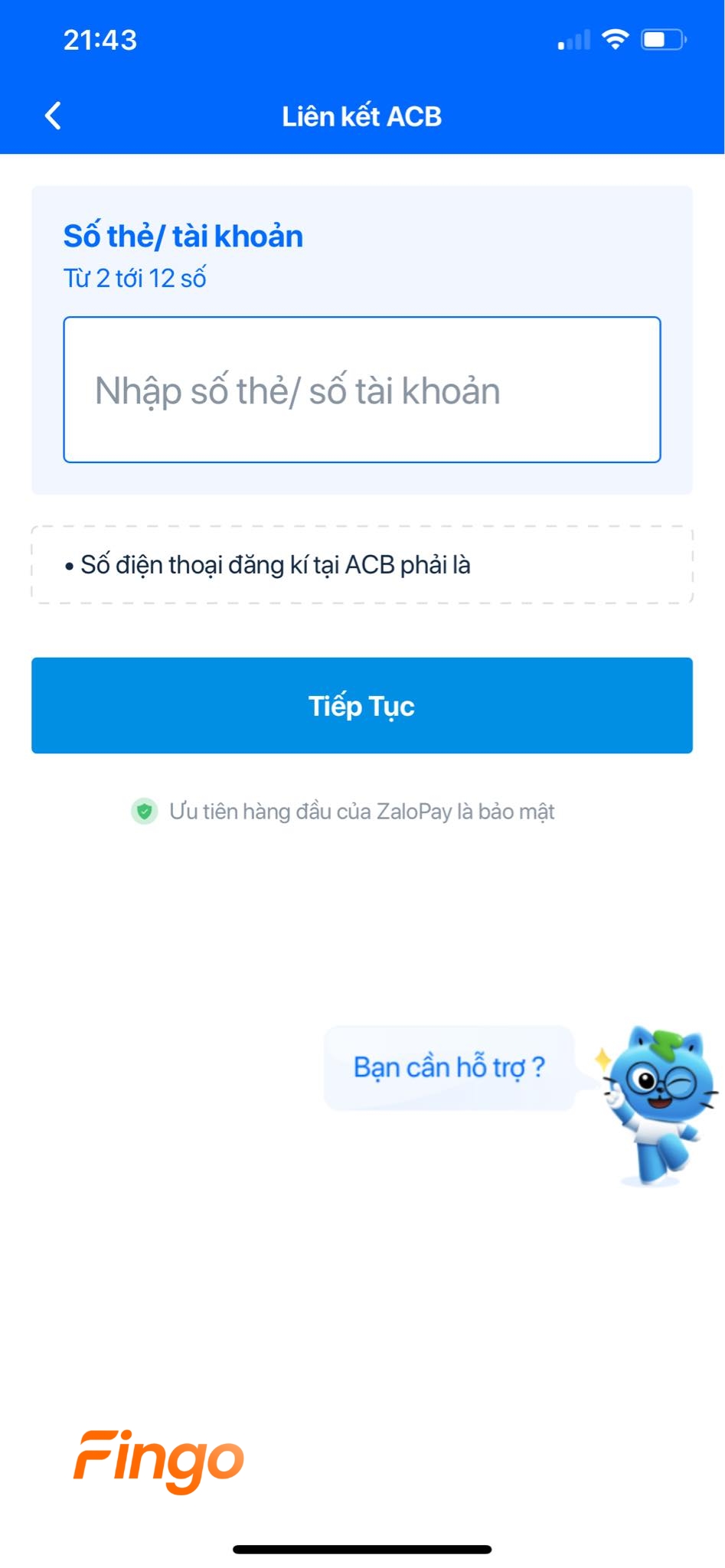 Nhập số thẻ/số tài khoản mà bạn muốn liên kết