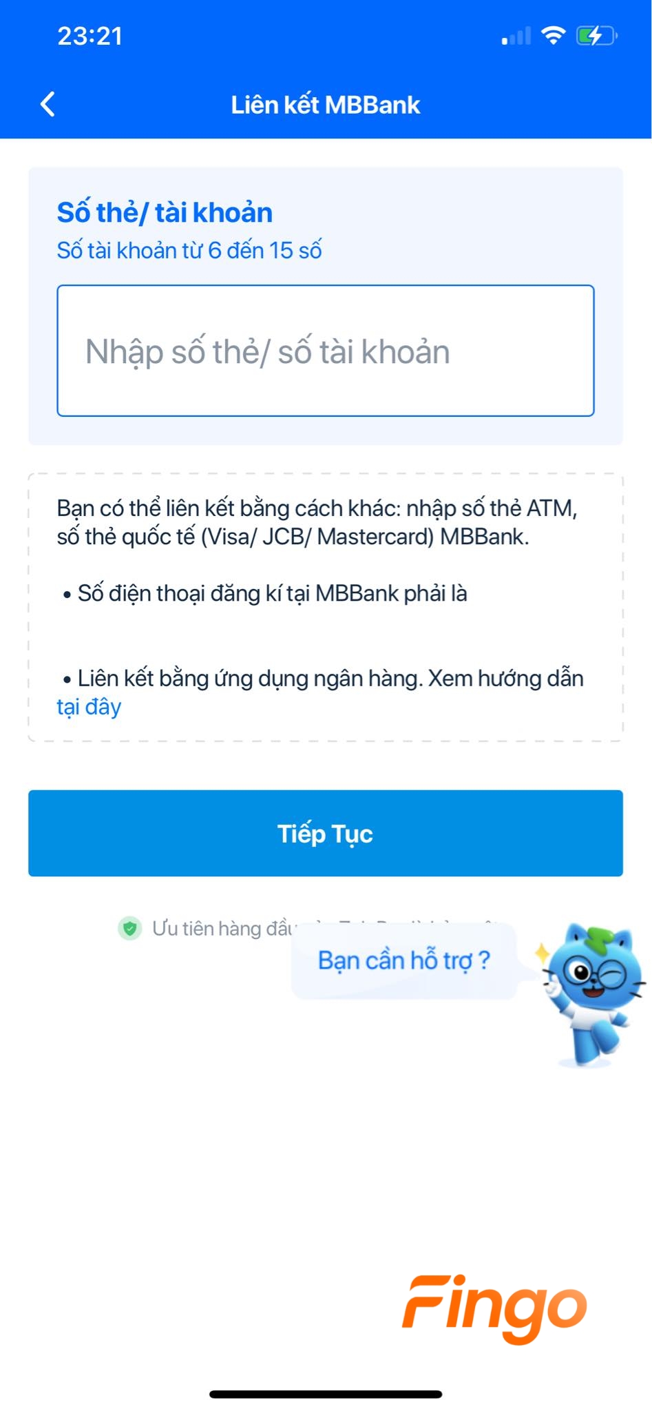 Nhập số tài khoản/số thẻ ngân hàng MB Bank mà bạn muốn liên kết