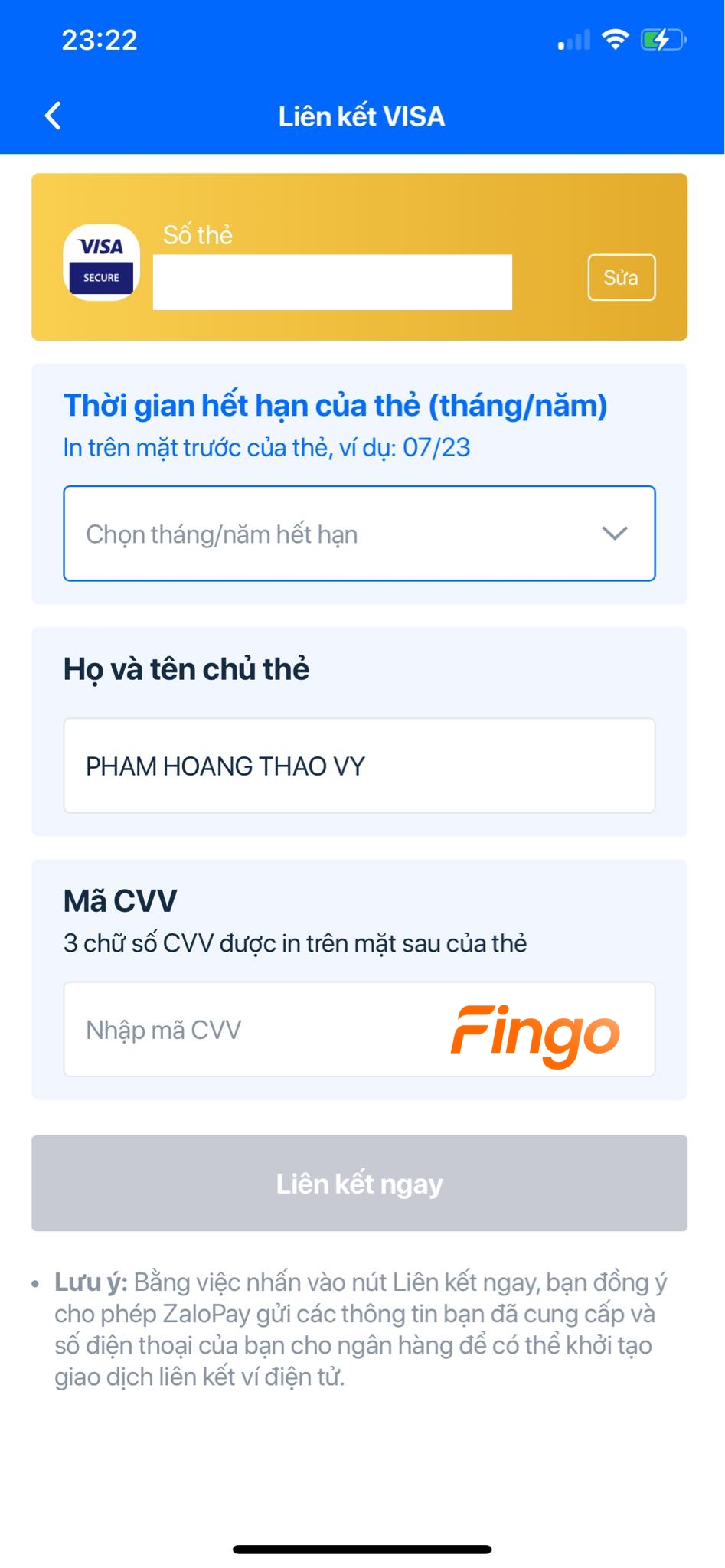 Hoàn thành các thông tin trên thẻ mà hệ thống yêu cầu