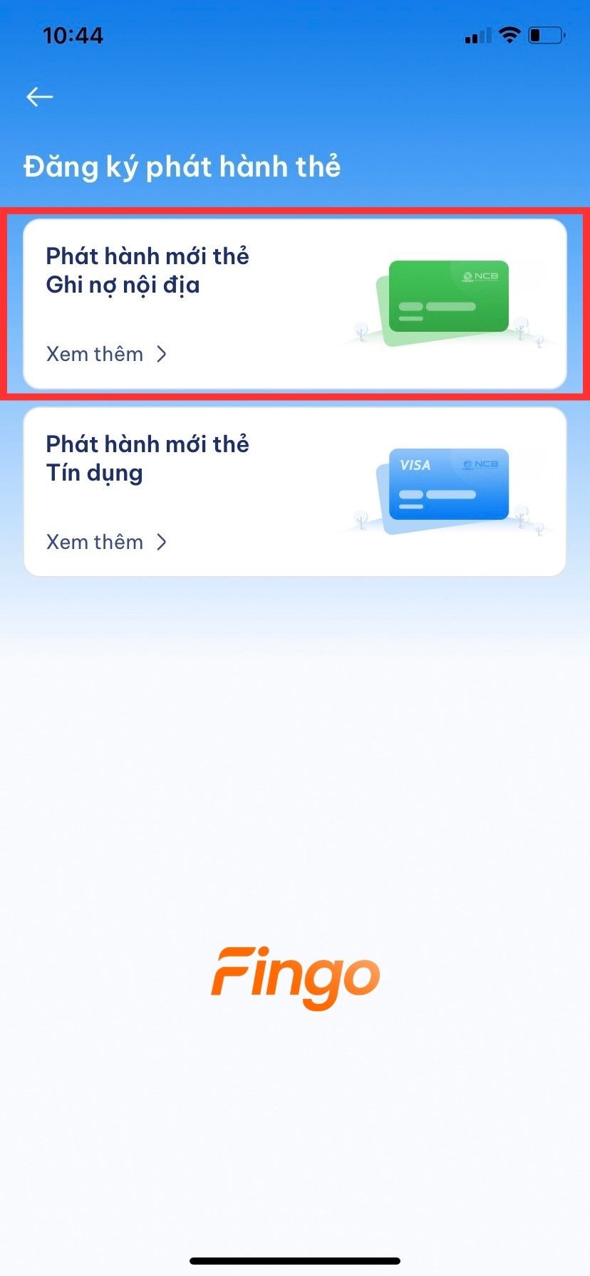Chọn "Phát hành mới thẻ ghi nợ nội địa"