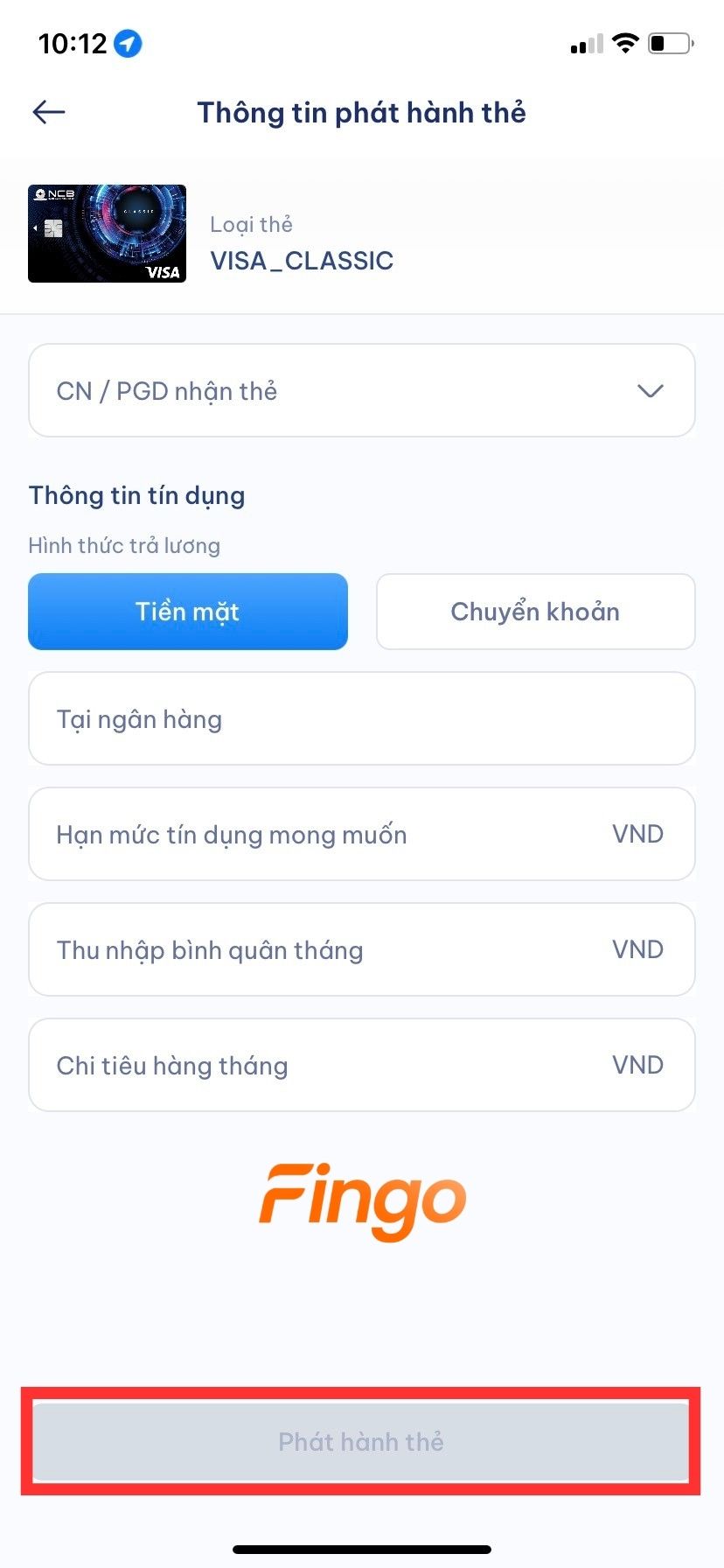 Sau khi điền thông tin xong và quyết định mở thẻ thì chọn "Phát hành thẻ".