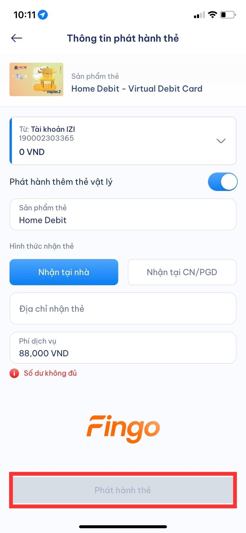 Nếu bạn đồng ý với phí dịch vụ là 88.000 VND, bấm nút "Phát hành thẻ"