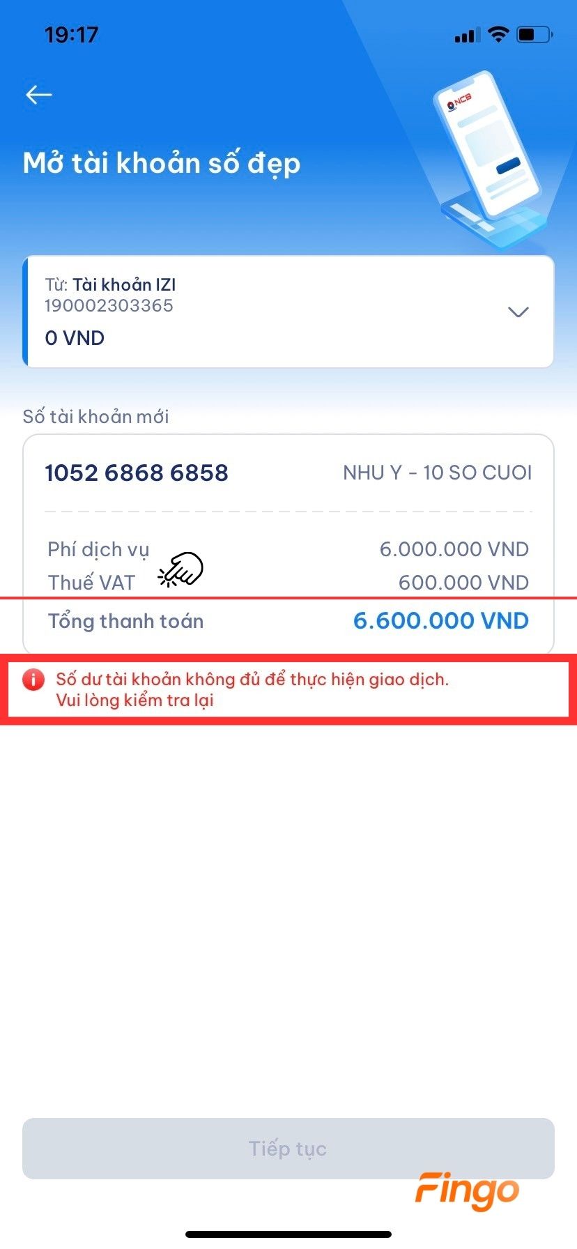 Cần đảm bảo rằng số dư tài khoản NCB