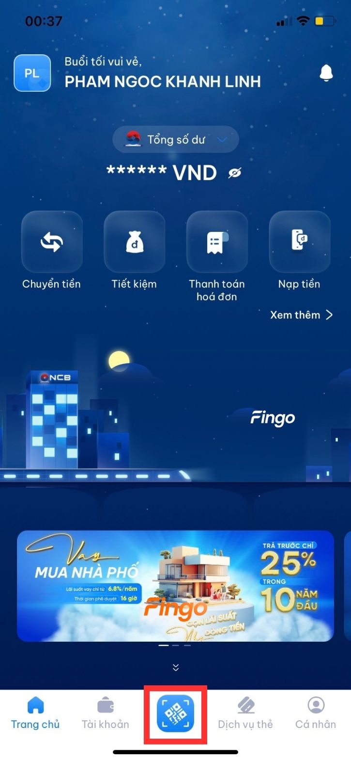 Trên giao diện ứng dụng NCB iziMobile, tìm và chọn biểu tượng có hình mô tả chức năng tạo mã QR NCB.