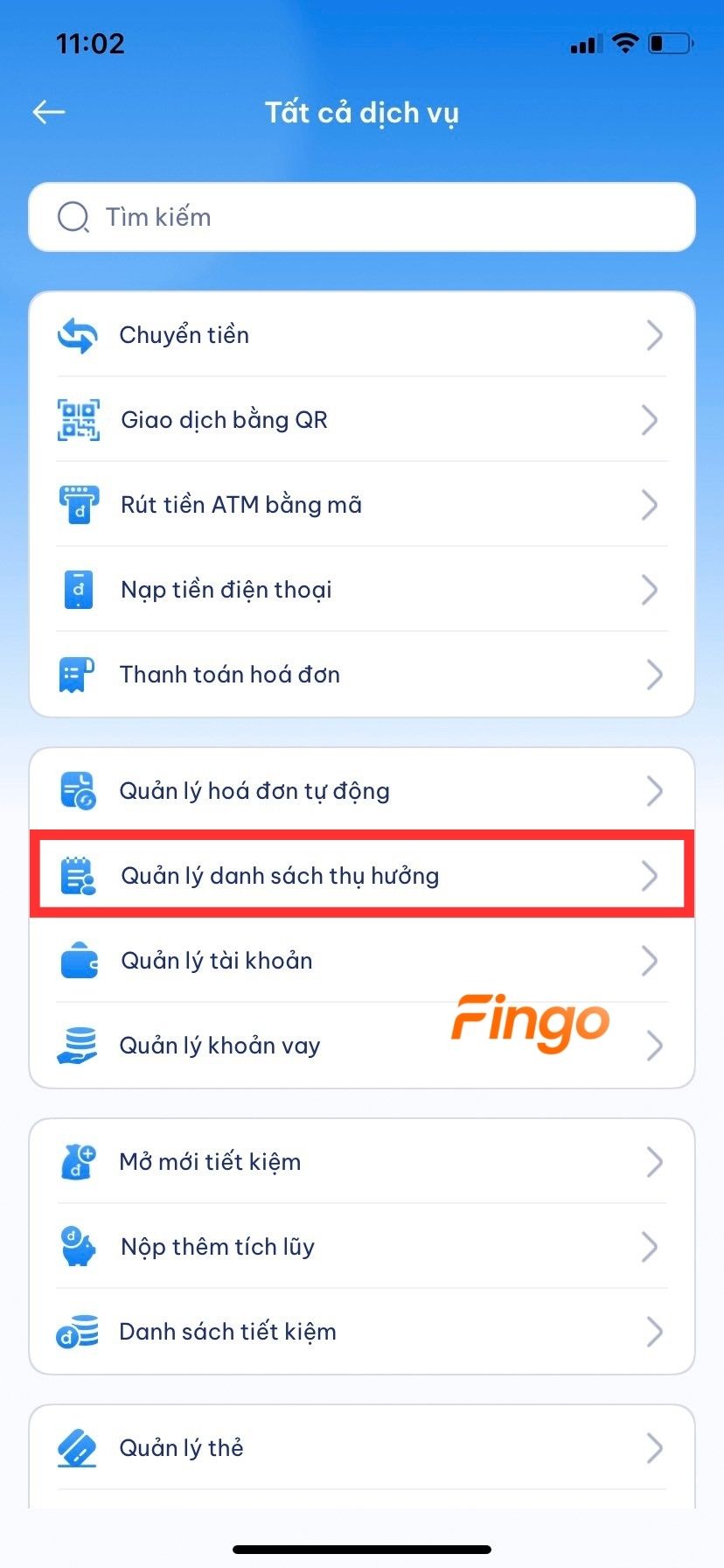 Chọn "Quản lý danh sách thụ hưởng".