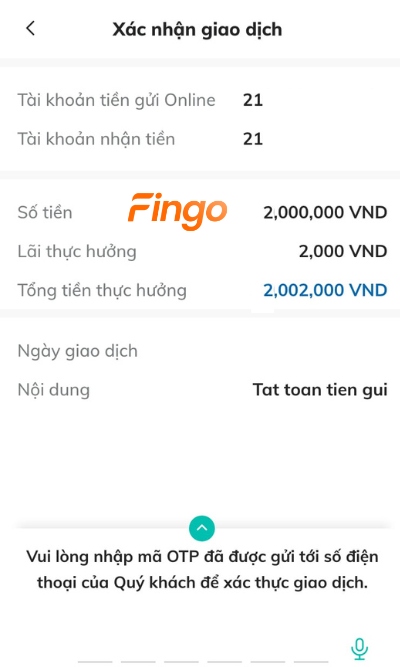 Nhập mã Smart OTP để xác thực giao dịch rút tiền tiết kiệm online BIDV
