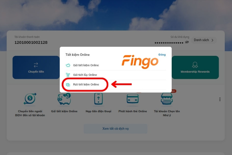 Đăng nhập tài khoản trên website chính thức của ngân hàng BIDV. Tại Màn hình chính, chọn Tiết kiệm Online. Sau đó chọn Rút tiết kiệm Online
