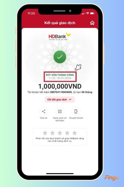 Quá trình rút tiền tiết kiệm online HDBank thành công