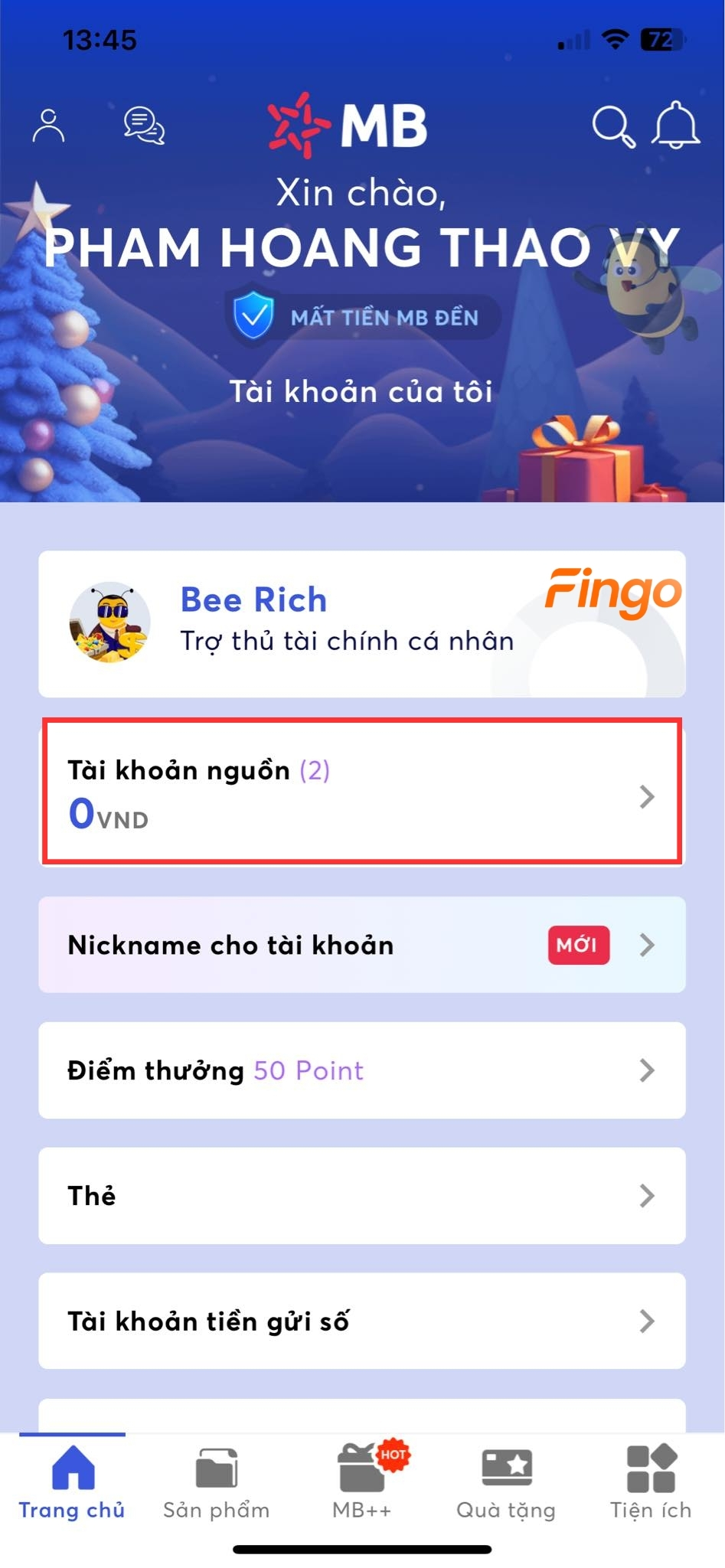 Thông tin số dư tài khoản hiển thị tại đây