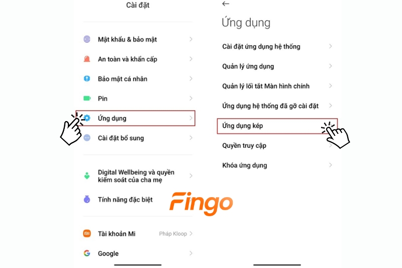 Chọn Ứng dụng trong phần Cài đặt trên điện thoại. Sau đó chọn Ứng dụng kép (có trên Xiaomi) hoặc Ứng dụng song song (có trên Oppo).