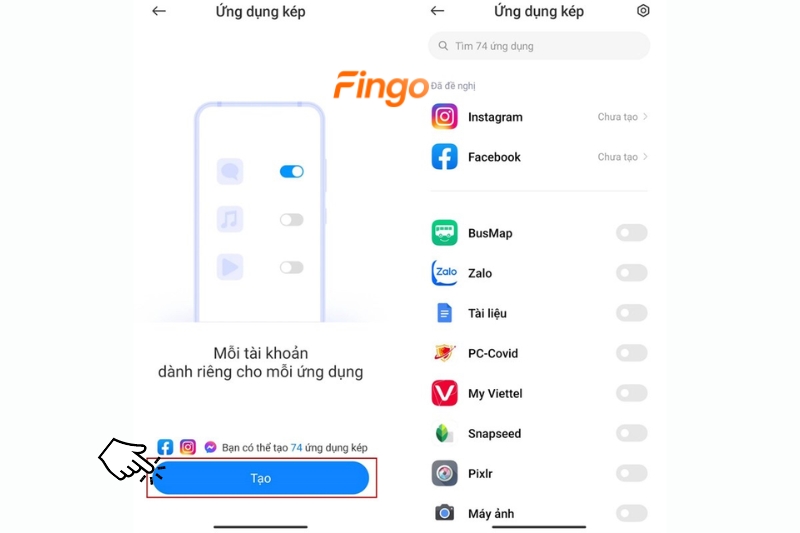 Chọn Tạo, sau khi màn hình hiện ra danh sách ứng dụng trên điện thoại. Khách hàng gạt công tắc cạnh ứng dụng BIDV Smart Banking để nhân bản.