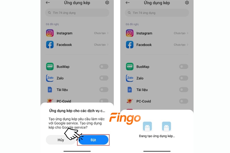 Chọn Bật để tạo bản sao cho ứng dụng BIDV Smart Banking. Sau khi tạo thành công, bạn đã có 2 phiên bản ứng dụng  trên điện thoại. Phân biệt hai ứng dụng này bằng biểu tượng màu vàng nhỏ ở góc của biểu tượng trên ứng dụng.