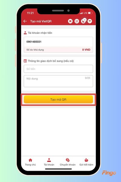 Nhập thông tin trong mục "Thông tin giao dịch bổ sung (nếu có)" và chọn "Tạo mã QR."