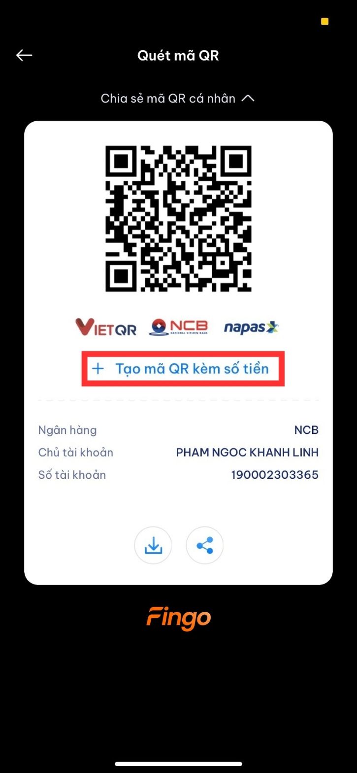 Chọn "Tạo mã QR kèm số tiền" để có thể chỉ định một số tiền cụ thể cho giao dịch.