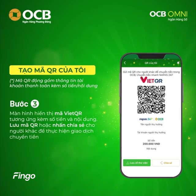 Nhấn chia sẻ cho người khác để thực hiện giao dịch chuyển tiền sau khi tạo mã QR OCB