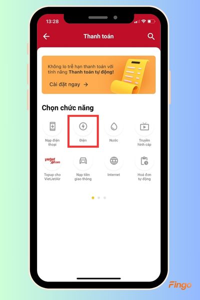 Chọn "Điện" để tiếp tục quá trình thanh toán tiền điện qua HDBank