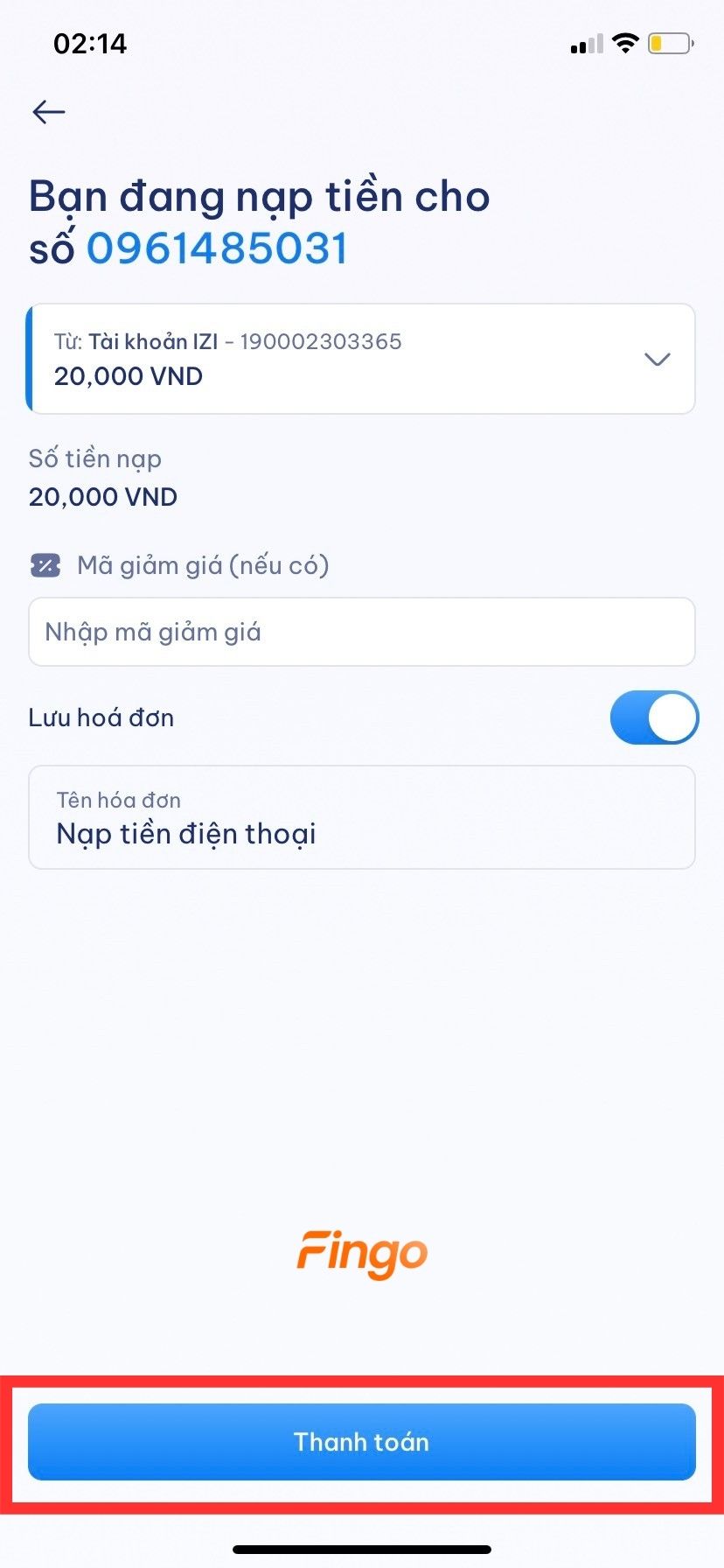 Bấm "Thanh toán" để hoàn tất giao dịch nạp tiền điện thoại qua NCB iziMobile.
