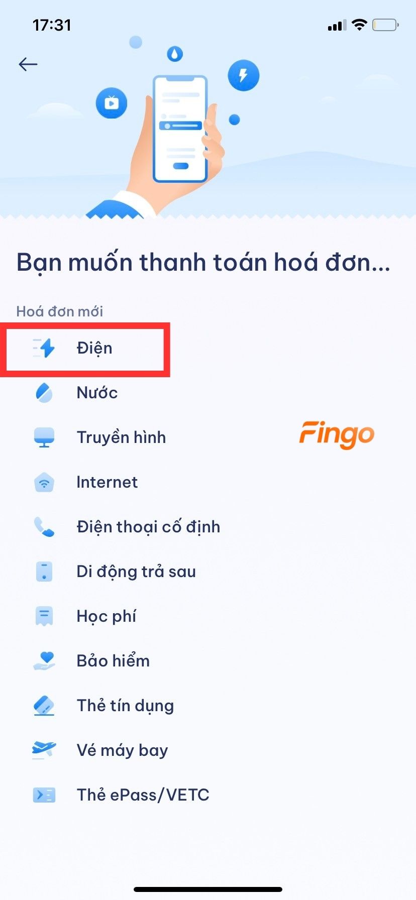 Trong danh sách các loại hóa đơn, bấm vào mục "Điện" 