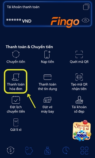 Đăng nhập Digimi. Tại màn hình, chọn Thanh toán hóa đơn