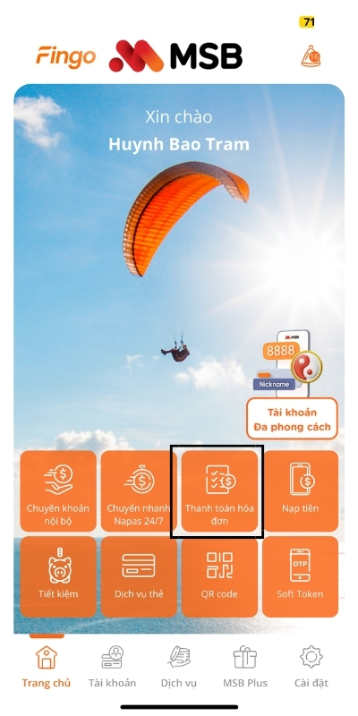 Cách thanh toán tiền điện qua MSB mBank bước 1