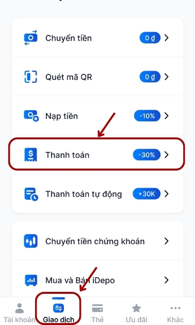 Đăng nhập ứng dụng MyVIB. Tại màn hình chính, chọn Giao dịch, sau đó chọn tiếp Thanh toán.