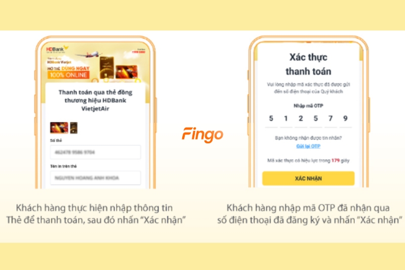 Nhập thông tin thẻ để thanh toán vé máy bay qua HDBank và nhập mã OTP