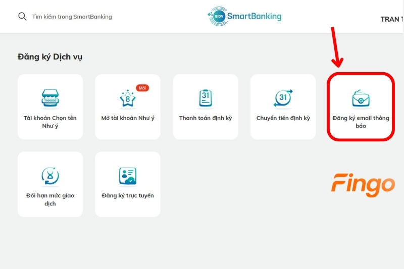 Đăng nhập tài khoản BIDV. Tại màn hình Quản lý dịch vụ, nhấn Đăng ký email thông báo