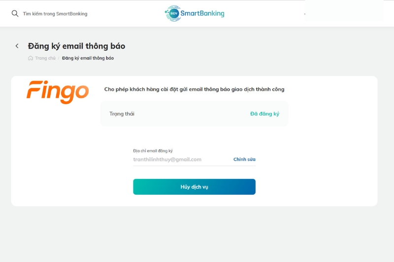Trình duyệt hiển thị thông báo cập nhật email thành công
