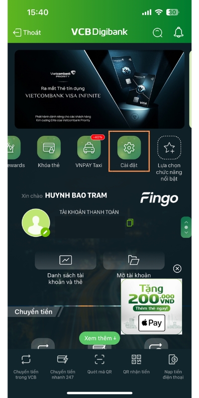 Cách thay đổi email Vietcombank bước 1
