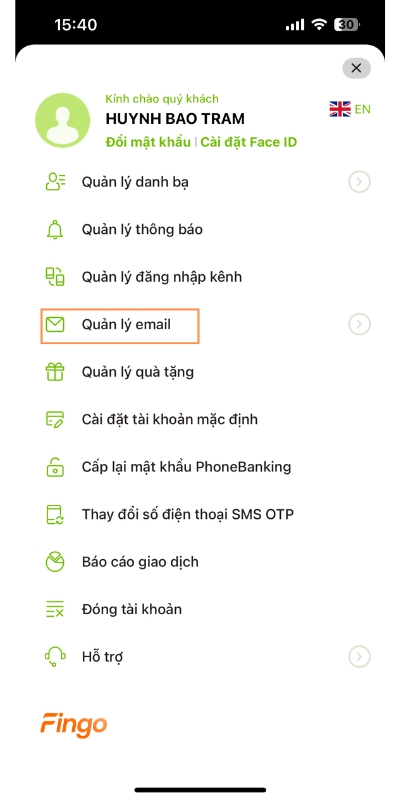 Cách thay đổi email Vietcombank bước 2